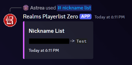 An example of /nickname list. There is one censored player who has been nicknamed to "Test".