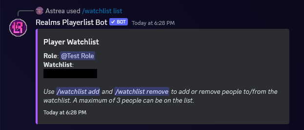 Picture on how the configuration command for the player watchlist looks like.