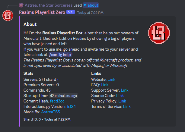 A picture of Realm Playerlist Zero's /about.